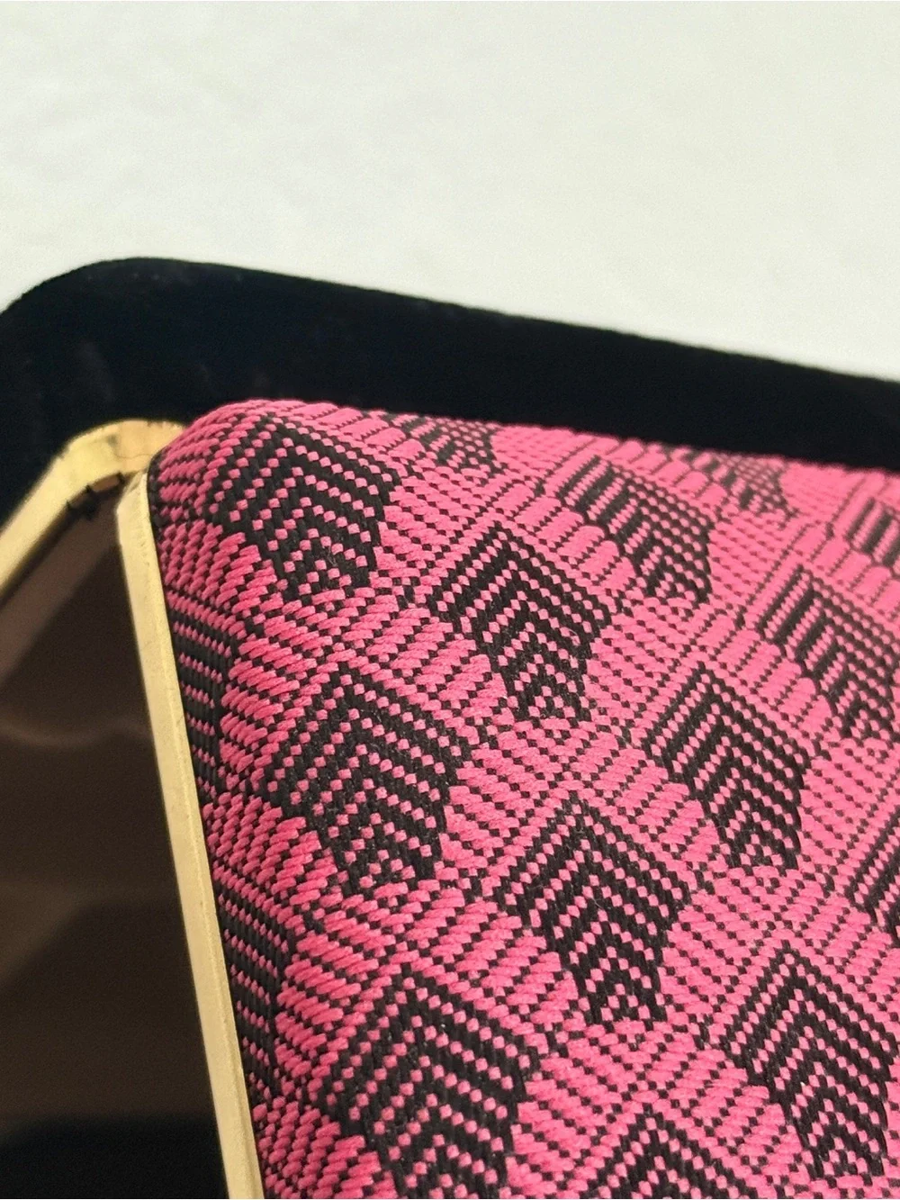 Vintage Mid Century Hot Pink Geometric & Black Velvet Jewelry Box Organizer Case